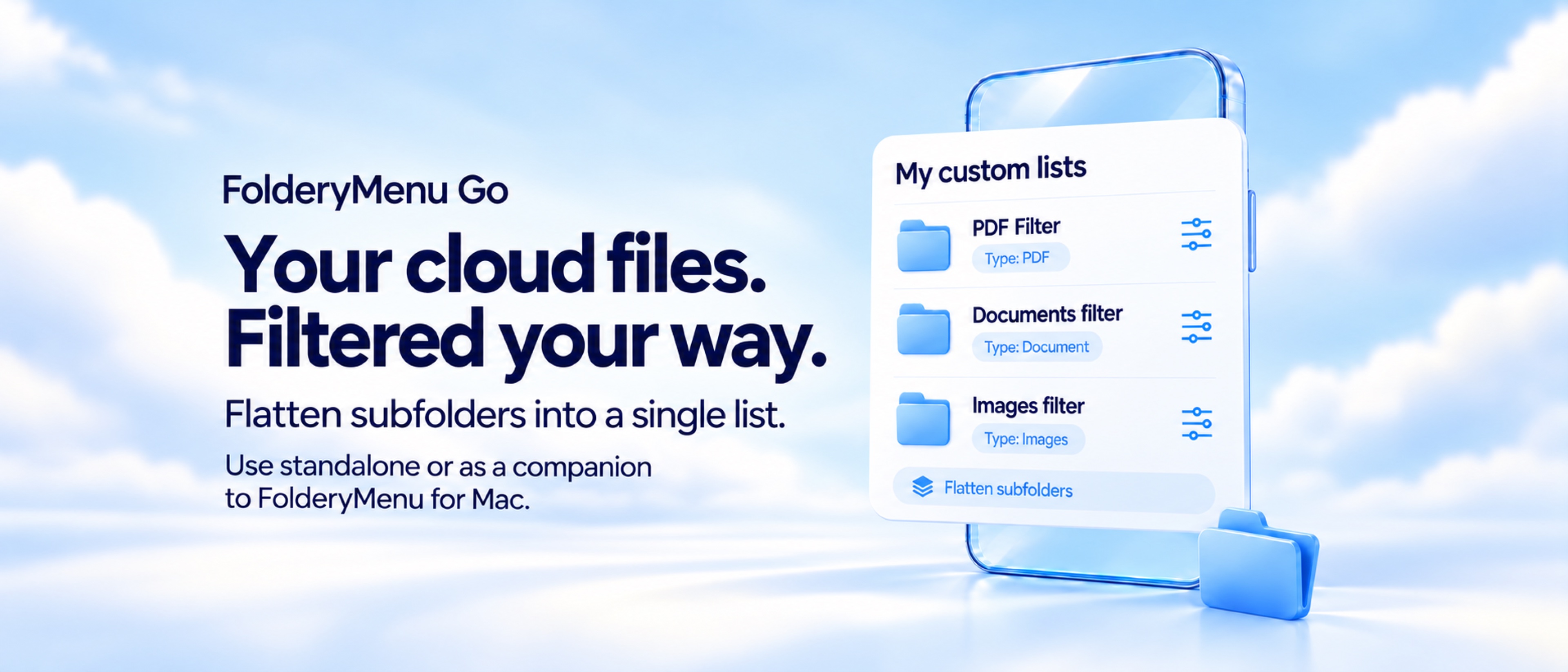 FolderyMenu Go on iPhone, showing custom PDF, document, and image lists with flattened subfolders