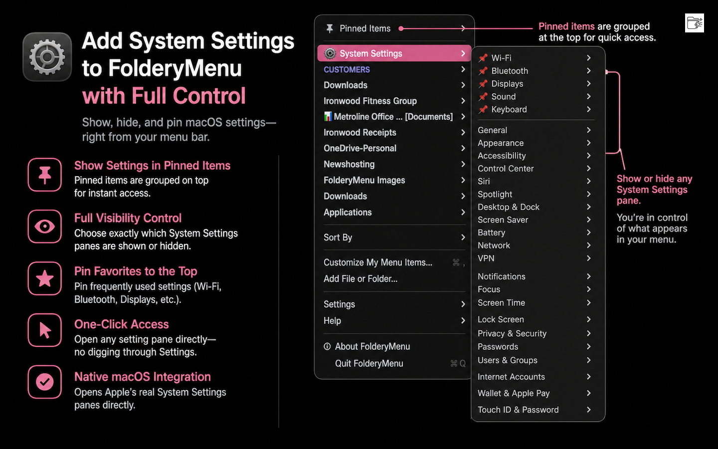 FolderyMenu™️ System Settings menu callouts showing pinned items and visibility controls
